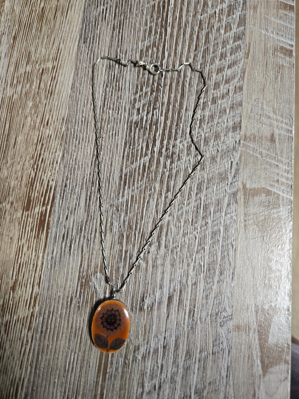 Orange Floral Oval Pendant Necklace on Silver Chain